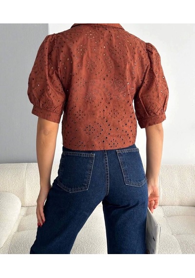 Defymoda Brodeli Crop Gömlek S1023 Kahve