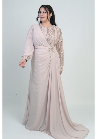By Saygı Kadın Üstü Pul-boncuk İşlemeli Astarlı Beli Çiçekli Büyük Beden Uzun Şifon Elbise Altın By Saygı Kadın Üstü Pul-boncuk İşlemeli Astarlı Beli Çiçekli Büyük Beden Uzun Şifon Elbise Altın