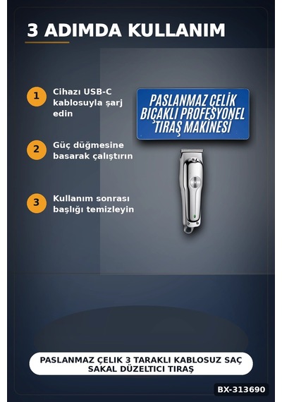 Paslanmaz Çelik 3 Taraklı Kablosuz Saç Sakal Düzeltici Tıraş Makinesi Seti Bx-313690