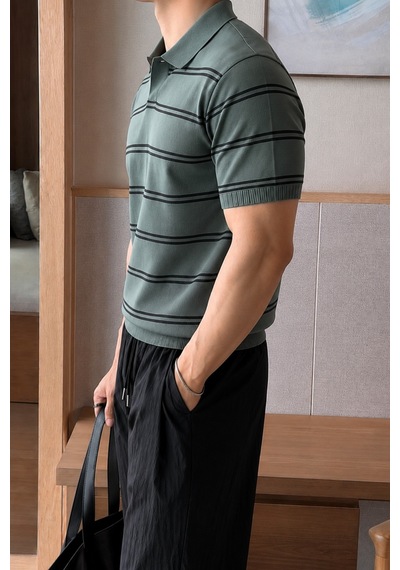 Tarz Cool Erkek Çizgili Polo Yaka Viskon Triko Tişört Slim Fit Yazlık Şık Triko Polo Haki