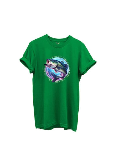 Renkli Neon Balık Desenli %100 Pamuk Regular Fit Unisex T-shirt Yeşil