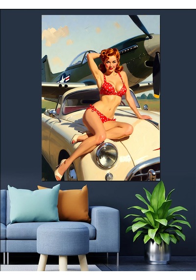 Ahşap Tablo Pin-up Kız Ve Retro Araba