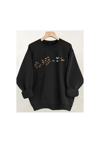 Herkesemoda Çiçek Baskılıı Bisiklet Yaka İçi Polarlı Sweatshirt Siyah