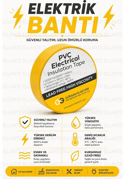 Sarı Profesyonel Pvc Elektrik Bandı 18mm X 10m Güçlü Yapışkanlı, 600v Dayanımlı, Esnek İzolasyon B