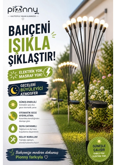 Pionny Bahçe Lambası Güneş Enerjili Solar Şarjlı 6 Toplu Çok Renkli