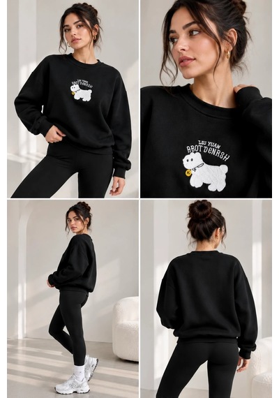 Bbbutikbasic Kadın Kuzu Nakışlı Bisiklet Yaka 3 İplik Sweatshirt My3535 siyah