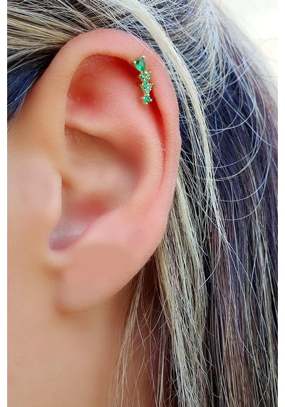 Yeşil Zirkon Taşlı 925ayar Gümüş Üzerine Altın Kaplama Tragus Ve Helix Kikirdak Piercing Altın