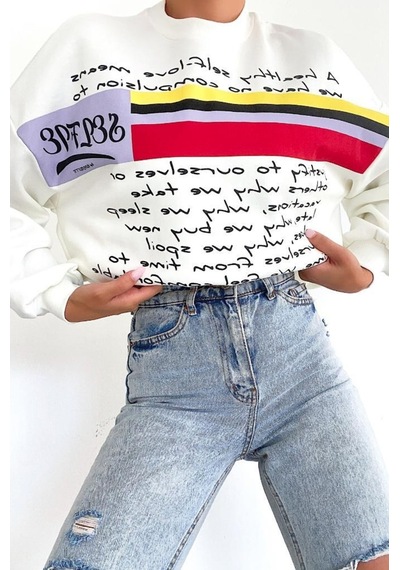Femelle Yeni Sezon Selfie Baskılı Pamuklu Oversize Sweatshirt beyaz
