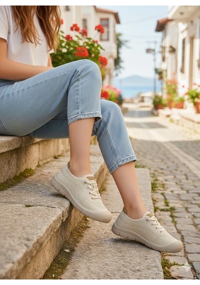 Pepita B667 Keten Lastik Bağcıklı Esnek Memory Foam Taban Kadın Ayakkabı Bej