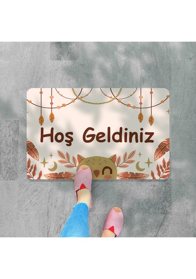 Dijital Baskılı Hoş Geldiniz Yazılır Desenli Dekoratif Dış Kapı Önü Ve Iç Mekan Paspası Yıkanabilir Krem