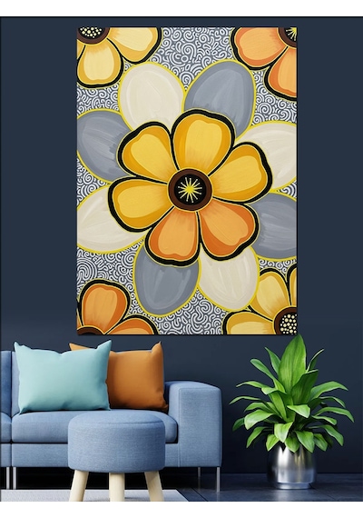 Ahşap Tablo Sarı Çiçekli Geometrik Desen