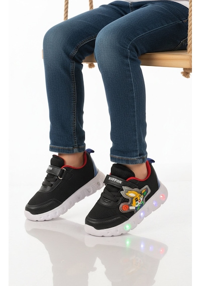 Ayakmod Siyah Cırtlı Işıklı Hafif Unisex Çocuk Spor Ayakkabı 1015 P Siyah-saks-kırmızı