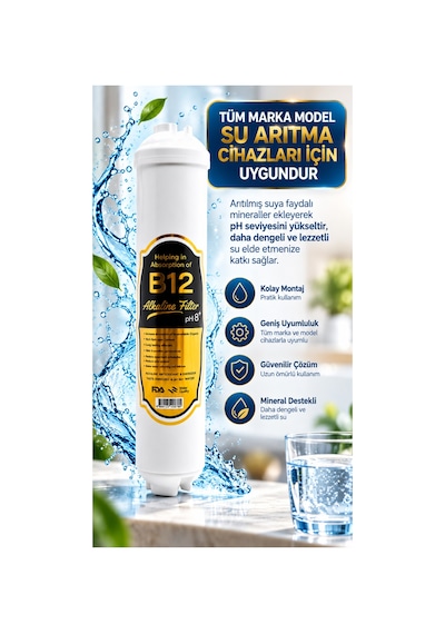 Car-fil Su Arıtma Cihazı B12 Vitamin Alkali Su Arıtma Filtresi Ph 8+ Mineral Destekli Inline Filtre