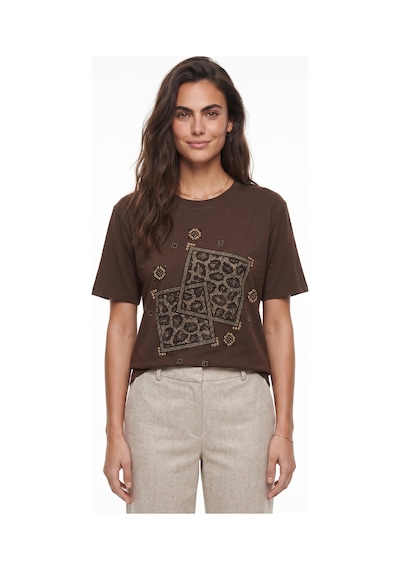 Onloox Kadın Kahverengi Kahverengi Pamuklu Bisiklet Yaka Regular Fit Taş Baskılı Leopar Desenli Kısa Kollu T-shirt