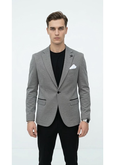 Erkek Siyah Slim Fit Blazer Ceket Tek Düğme Çift Yırtmaç Kollu Yamalı Siyah