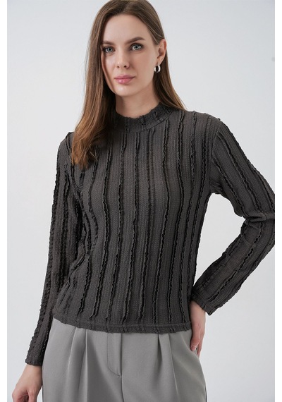 Hiccup Bdart Dokulu Slim Fit Dik Yaka Bluz Kömür Grisi