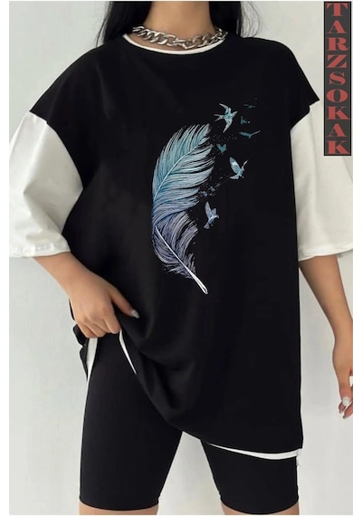 Startmore Startmore Siyah Oversize Çift Renk Tüy Baskılı Unisex Tshirt Beyaz