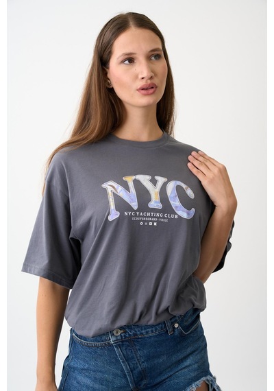 Geniş Kalıp Bisiklet Yaka Baskılı Kısa Kollu T-shirt Antrasit