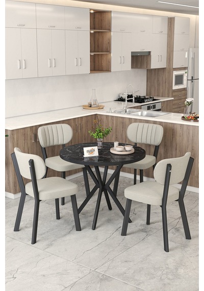 Gnr 90cm Sabit Siyah Mutfak Masası Takımı, Yemek Masası, 4 Modern Krem Sandalye Krem
