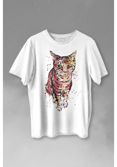 Sevimli Masum Rengarenk Kedi Çizim Silüeti Baskılı Tişört Unisex T-shirt 001