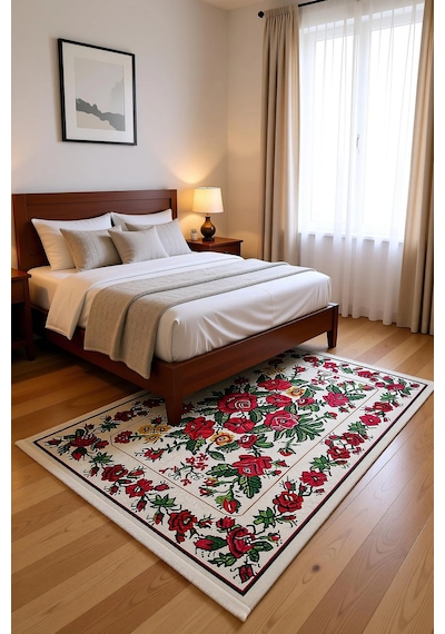 Blghome Dokuma Tabanlı Dijital Baskı Halı Blg3831 Ekru - Kırmızı