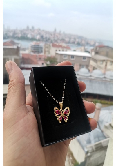 Ervanur Altın Kaplama Fuşya Zirkon Taşlı Kelebek Kolye Altın