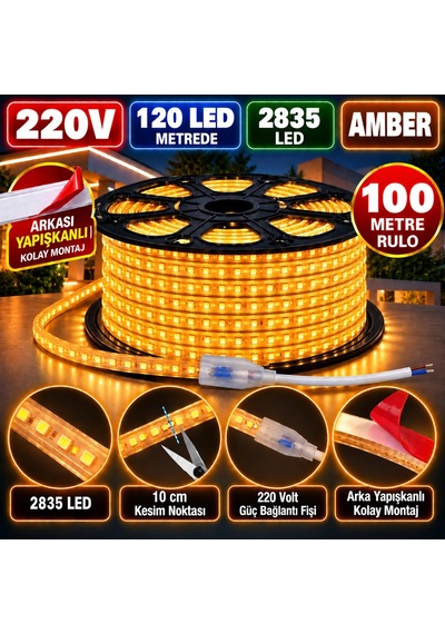 100 Metre 220v 8mm 2835 120 Led Amber Işık Arkası Yapışkanlı Hortum Led Ip65 Güç Kablosu Dahil