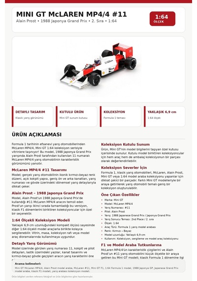 Mini Gt Mclaren Mp4/4 11 Alain Prost 1988 Japonya Gp 2.lik 1:64 F1 Model Araba Yaklaşık 6,9 Cm