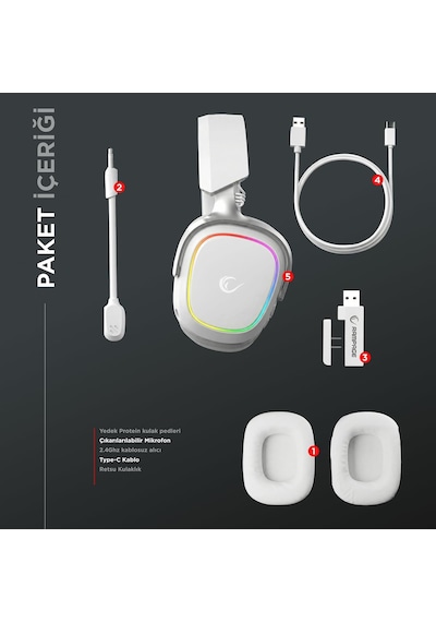 Retsu Kablosuz Oyuncu Kulaklığı, 2.4g + Bluetooth 5.3, 50 Mm Sürücü, Rgb Aydınlatma, Mikrofonlu, Protein Deri Ve Kumaş Earpad, Pc/ps4/ps5/mobil Beyaz/gri