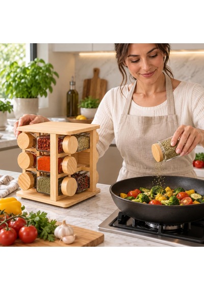 Bambu Döner Standlı 12 Li Cam Baharatlık Seti, Bambu Kapaklı 12 Kavanoz, Üç Katlı Dört Taraflı Baharat Standı, Şeffaf Tezgah Üstü Mutfak Düzenleyici Çok Renkli