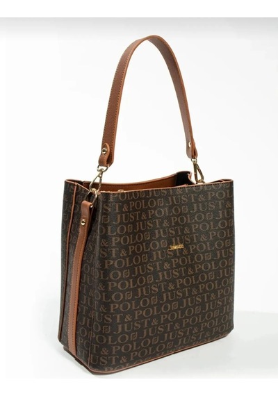 Just Polo Kadın Monogram Baskılı El Ve Omuz Çantası Ebat 25 X 25 Kahve Taba
