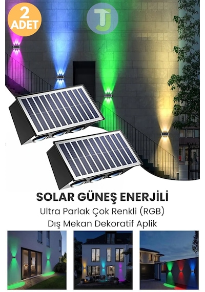 Technojet Solar Güneş Enerjili 6 Ledli Bahçe Aydınlatması Aplik Parlak Rgb Işık Led Lamba 2 Adet Siyah
