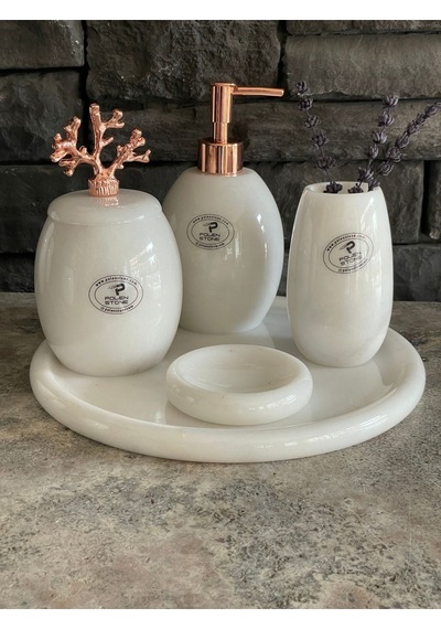 Beyazı Mermer Rose Gold Mercan Aksesuarlı Oval 5,li Banyo Seti Beyaz