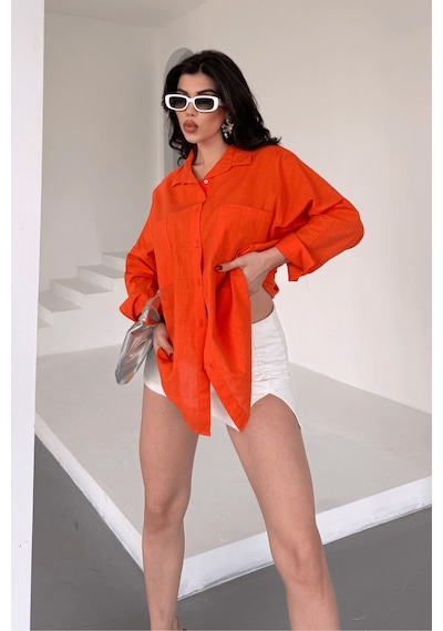 Paw Garage Kadın Harper Çift Cepli Oversize Keten Gömlek, 2025 Summer Collection Nar Çiçeği