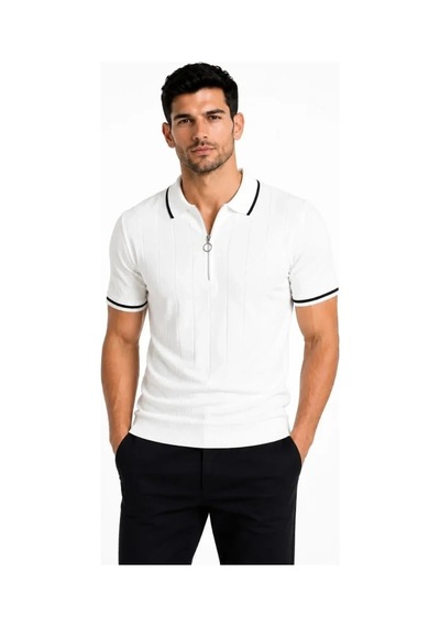 DefyModa Erkek Fitilli Triko T-shirt Polo Yaka Yarım Fermuarlı Kısa Kollu Tişört - Beyaz