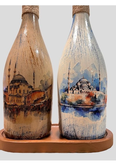 İstanbul Ayasofya Desenli Sunum Stantlı 2'li 750 Ml Zeytinyağı Sıvıyağ Şişesi Yağdanlık Yağlık Çok Renkli