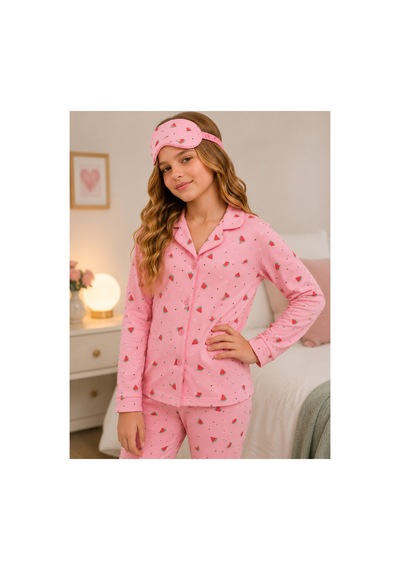 Beka Kids Desenli Uzun Kollu Önden Düğmeli Gömlek Yaka Kız Çocuk Pijama Takımı Ve Göz Bandı Çok Renkli