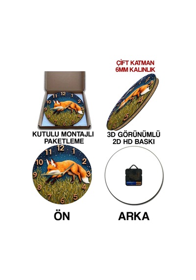 Geceye Adım Atan Tilki 3d Görünümlü Mdf Duvar Saati 33 Cm Sdw282 Renkli