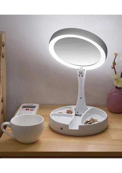 10x Büyütme Çift Taraflı Makyaj Ayna Katlanabilir 21 Led Işıklı Makyaj Aynası Usb Kablo Beyaz