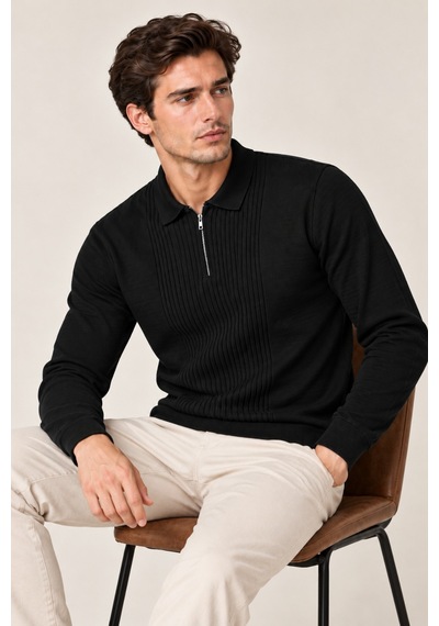 Cool Tarz Erkek Polo Yaka Yarım Fermuarlı Önü Fitilli Slim Fit Akrilik Pamuk Triko Kazak Siyah Siyah Cool Tarz Erkek Polo Yaka Yarım Fermuarlı Önü Fitilli Slim Fit Akrilik Pamuk Triko Kazak Siyah Siyah