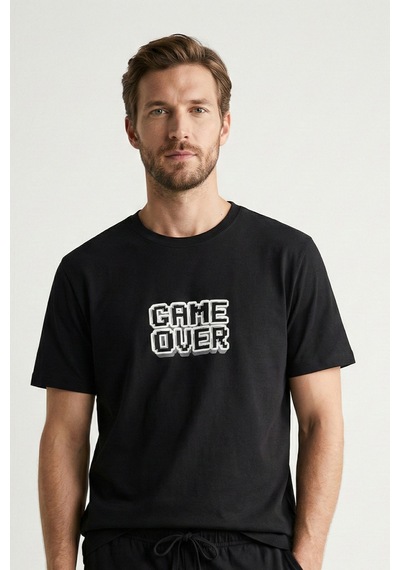 Elemge %100 Pamuk Pijama Üstü T-shirt Süprem Compact Penye Erkek Rahat Kalıp Siyah Kısa Kol Game Over Baskı Elemge %100 Pamuk Pijama Üstü T-shirt Süprem Compact Penye Erkek Rahat Kalıp Siyah Kısa Kol Game Over Baskı