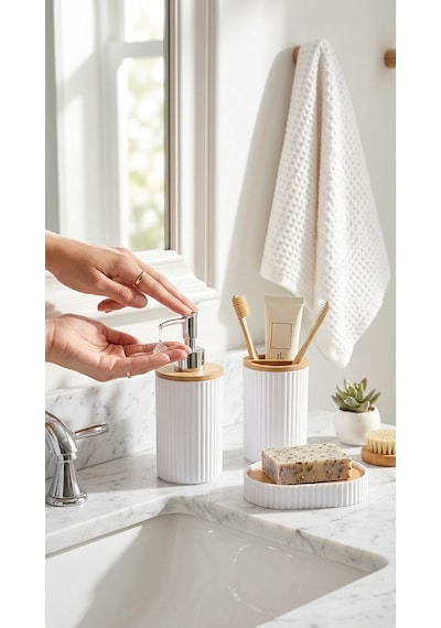 Makri Home 5 Parça Yuvarlak Banyo Seti, Bambu Kapaklı, Beyaz, Hacim: 7 Litre Beyaz