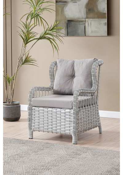 Paris Rattan Puflu Bahçe Balkon Takımı 3+1+1 Cam Masalı Gri