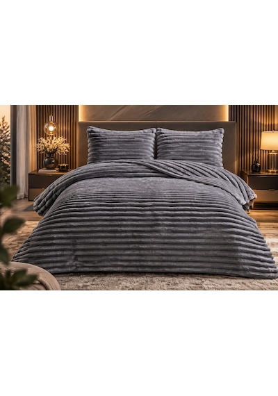 Eternity Lux Wellsoft Peluş Yatak Örtüsü Takımı Çizgili Kabartmalı Ultra Yumuşak 230x250 Gri