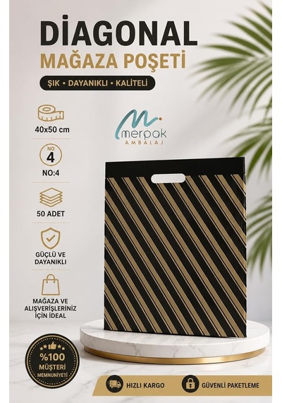 Merpak Ambalaj Çizgili Mağaza Poşeti No 4 50 Adet 40x50 Cm Çizgili Takviyeli Poşet Diagonal Poşet 1