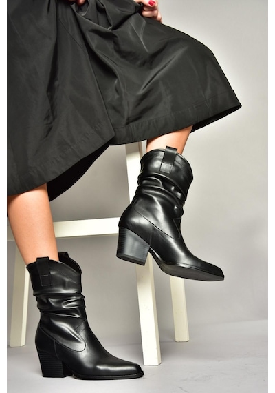 Fox Shoes T296713009 Siyah Kalın Topuklu Kadın Bot Siyah-Suni Deri Siyah