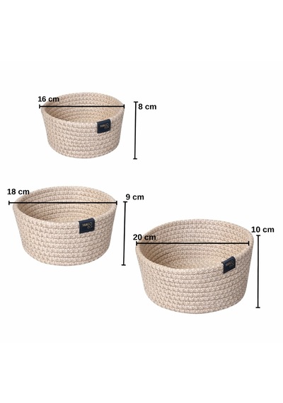 Dyrıs 3 Lü Dekoratif Sepet Seti El Yapımı Polyester İp Organizer 20-18-16 Cm Doğal Bej Kırçıllı Renk