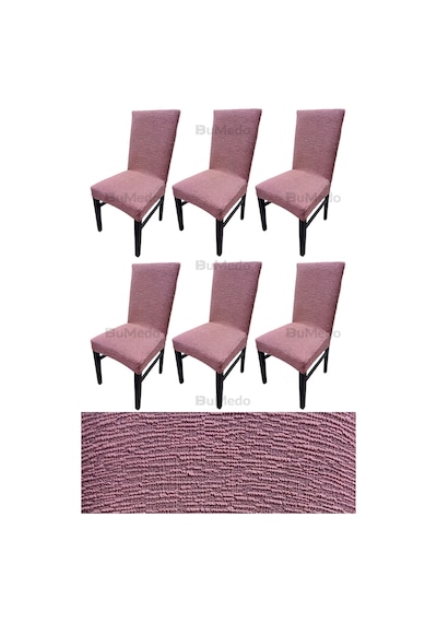 Jakarlı Dokuma Kumaş Likralı Esnek 6'lı Sandalye Kılıfı Kaliteli Streç Sandalye Örtüsü 6 Adet Pembe