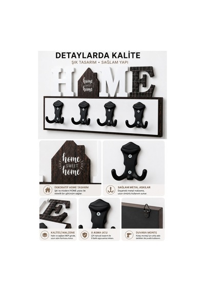 Home Dekoratif Duvar Askılığı 4 Lü 8 Asma Uçlu Mont Çanta Anahtar Askısı 45x20 Cm Gri