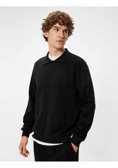 Koton Polo Yaka Sweatshirt Uzun Kollu Şardonlu Pamuk Karışımlı Siyah 5wam70030mk Siyah Koton Polo Yaka Sweatshirt Uzun Kollu Şardonlu Pamuk Karışımlı Siyah 5wam70030mk Siyah